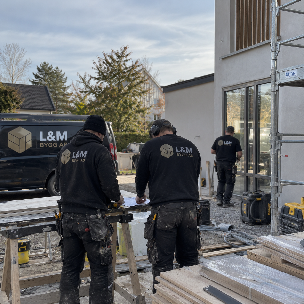 L&M Bygg AB:s team på arbetsplats